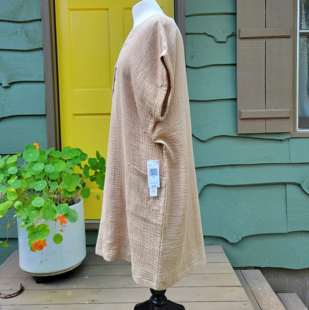 NWT Luxology Taupe Cotton Gauze Dress XL | Coastal Neutral V Neck Boho - Picture 9 of 13